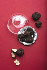 Black truffle and red wine. What type of red wine goes with truffles? Autumn or winter mood in the style of the Chef's table