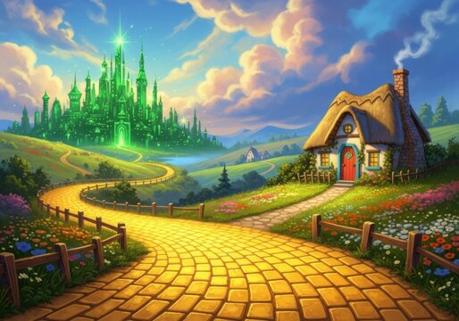 Yellow brick road leads to emerald city and cozy cottage in oz