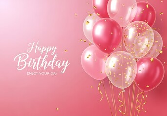 A cluster of pink and transparent balloons with confetti and a happy birthday message on a soft pink gradient background isolated on white background