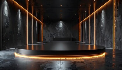 Elegant dark hall with a glowing round stage and amber neon lights