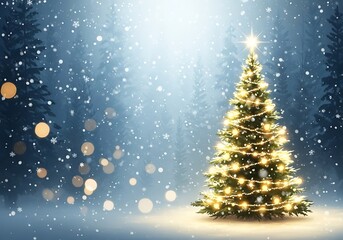 A beautifully decorated christmas tree with glowing lights and falling snow isolated on white background