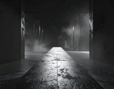 A dark, foggy corridor with large pillars and a reflective, textured walkway