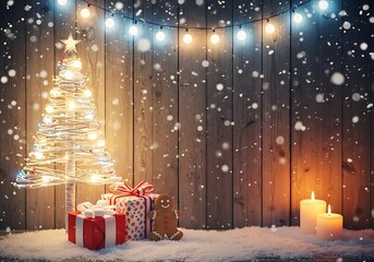 Festive christmas tree made of lights with wrapped gifts and candles on a wooden background with falling snow isolated on white background