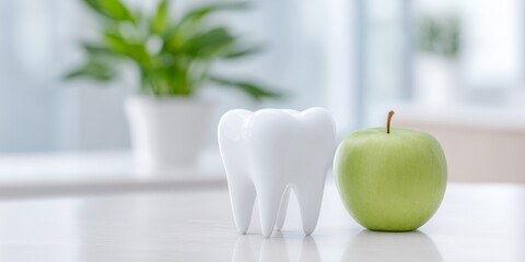 White apple and a white tooth are on a table