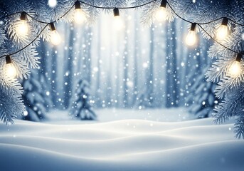 Magical winter forest scene with glowing string lights and falling snow isolated on white background