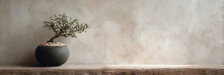 Small black vase with a plant in it sits on a wooden shelf