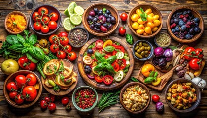 A vibrant, colorful spread of fresh vegetables, salads, and herbs on a table