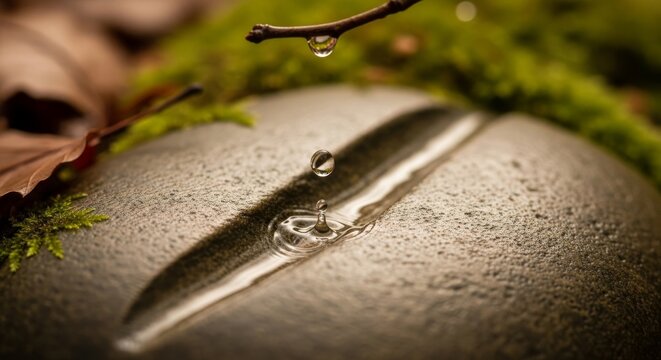 Macro view of a water droplet falling onto a smooth stone surface with a groove, showing impact and ripple.
