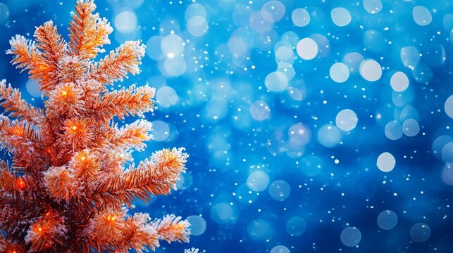 Stunning frosted evergreen branch with warm orange fairy lights against a dreamy blue bokeh background, perfect for festive holiday designs