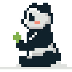 Pixel Art Panda Character Sitting Holding Green Leaf in a White Background