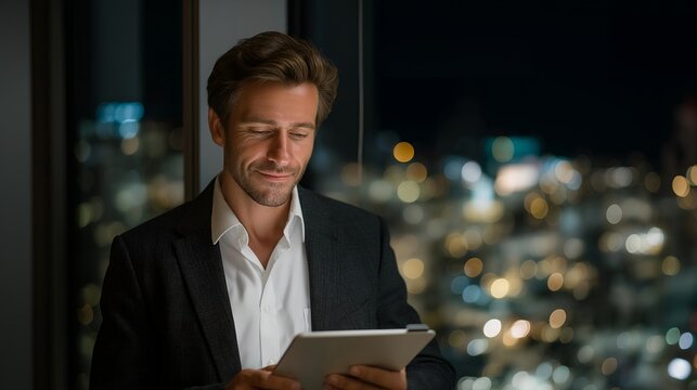 Tech director standing near floor-to-ceiling window overlooking neon-lit cityscape, holding a tablet filled with holographic data — concept of digital leadership, emotional reflection in