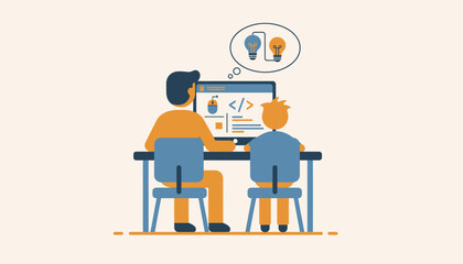 An illustration of a parent and child attending an online workshop together learning about coding emphasizing shared digital learning experiences.