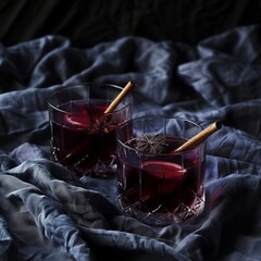 Two elegant glasses of warm spiced beverage showcase vibrant colors and rich flavors, decorated with cinnamon sticks and star anise against a soft, textured background.
