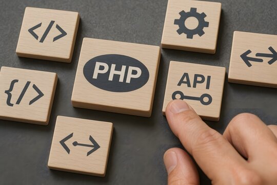 PHP and API code blocks for the concept of technology.