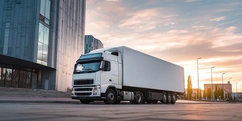 Large white semi truck is parked in front of a building