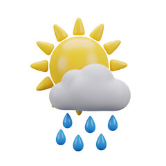 3d illustration of sun behind a cloud with rain drops, isolated on transparent background