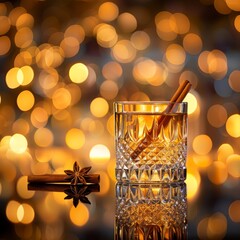 A beautifully illuminated glass of cinnamon-infused drink rests on a reflective surface, surrounded by a warm bokeh of holiday lights, perfect for enhancing winter celebrations.