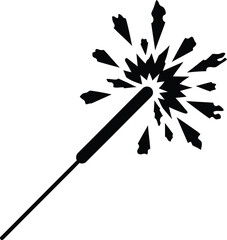 Black silhouette of a sparkler ignited with bright sparks flying outward
