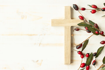Wood cross and red christmas berry border