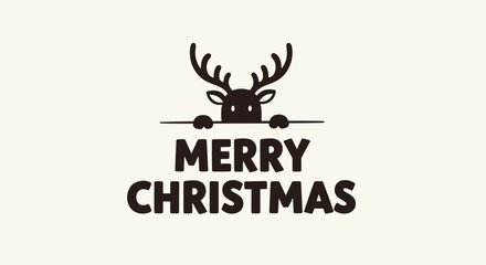 Obraz premium Cute cartoon reindeer peeking over a line with merry christmas text below