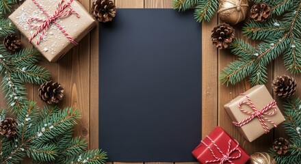 A flat lay composition features a blank black paper sheet framed by Christmas gifts, pine branches, and snow-dusted cones on a rustic wooden table.