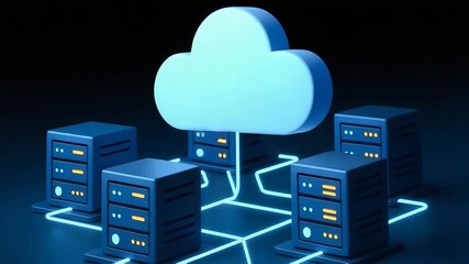 Illustration of cloud computing with servers connected by digital lines, showcasing modern data management and storage. - Powered by Adobe
