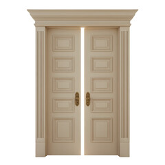 Elegant cream-colored double doors with ornate trim, isolated on transparent background