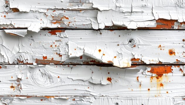 Close-up of weathered white paint peeling off a rustic wooden planked surface