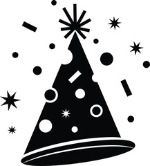 Black silhouette of a party hat with confetti and stars