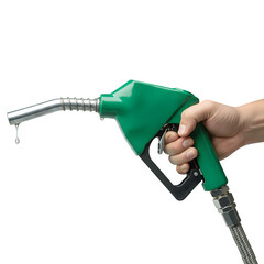 Hand holding a green gasoline nozzle with a drop of fuel falling from the spout isolated on transparent background