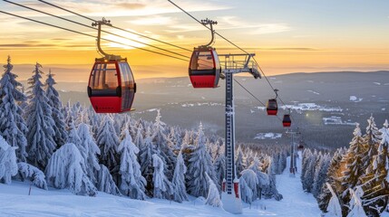 In this beautiful image, gondola chairs rise through pristine, snow-covered trees, highlighting the connection between winter adventures and the serene beauty of nature's untouched landscapes.