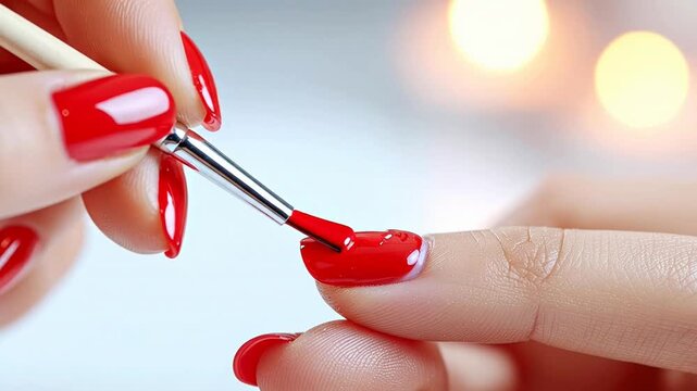 Close-up of a hand applying red nail polish with a brush.