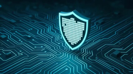 A futuristic digital shield representing cybersecurity on a blue circuit board background, symbolizing protection and technology innovation. - Powered by Adobe