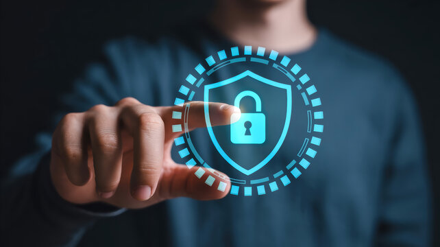 Person touching a digital security shield with a padlock representing online data protection.