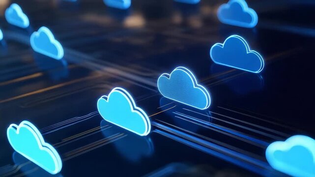Futuristic digital representation of cloud computing technology with glowing blue clouds and data connections.
