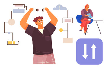 Person connecting nodes in flowchart while woman works on a laptop teamwork, workflow efficiency. Ideal for collaboration, connectivity, innovation, project management, teamwork, creativity