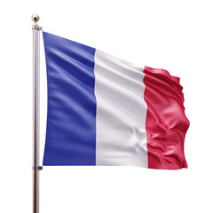 The french flag waving on a flagpole, isolated on transparent background