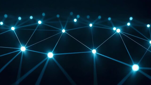 Abstract digital network concept with glowing nodes connected by lines on a dark background, representing connectivity and innovation.