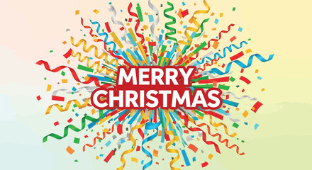 Obraz premium Explosion of colorful confetti and ribbons with merry christmas text in the center