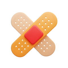 Two adhesive bandages crossed with a red pad in the center, isolated on transparent background