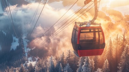 Capturing a moment of magic, this image shows a gondola smoothly moving through clouds during a stunning sunset, blending adventure with breathtaking beauty in a captivating winter landscape.