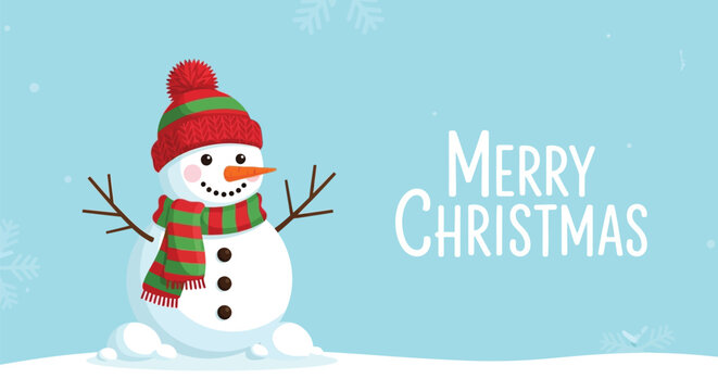 Cute snowman wearing a red and green striped hat and scarf with merry christmas text