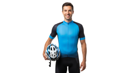 Smiling cyclist holding helmet in a studio portrait, wearing blue and black cycling jersey with black cycling pants.