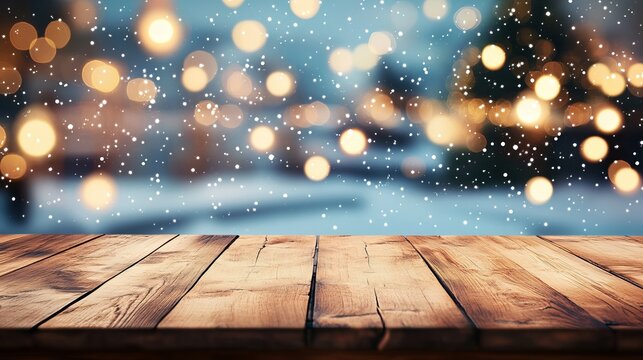 Cozy wooden table surface with warm bokeh lights and falling snow creates a magical winter holiday atmosphere for product placement.