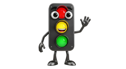 A friendly traffic light with big eyes, waving hello while displaying a red light, indicating a stop condition.