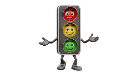 A whimsical traffic light character stands with arms outstretched, smiling faces showing green, yellow and red lights.