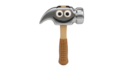 A cartoon hammer with a smiling face, big eyes, and a wooden handle stands out against a transparent background.