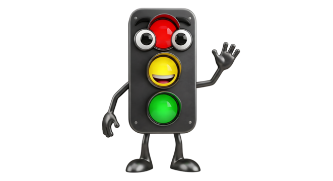 A friendly traffic light with big eyes, waving hello while displaying a red light, indicating a stop condition.