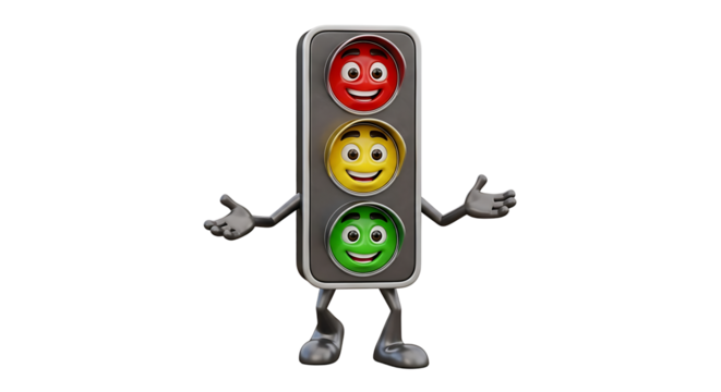 A whimsical traffic light character stands with arms outstretched, smiling faces showing green, yellow and red lights. - Powered by Adobe