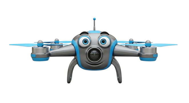 Cartoon drone hovers with a friendly face and light blue propellers, ready for adventures in the sky. 